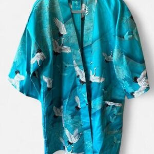 Blue & white Japanese kimono w/ crane design & sash 100% cotton-silk feel Sz‎ OS